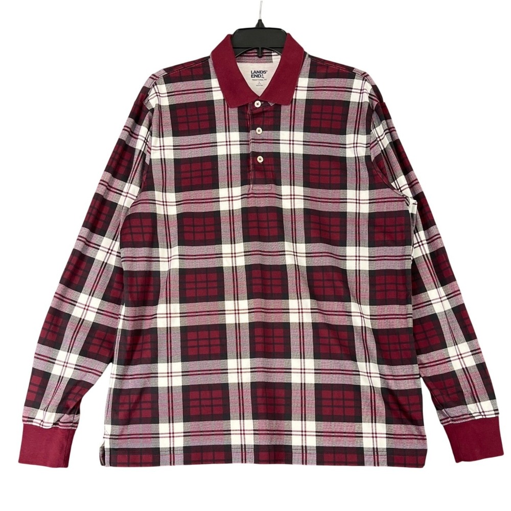 Lands End Polo Shirt Mens L Long Sleeve Plaid Preppy Dark Academia Heritage